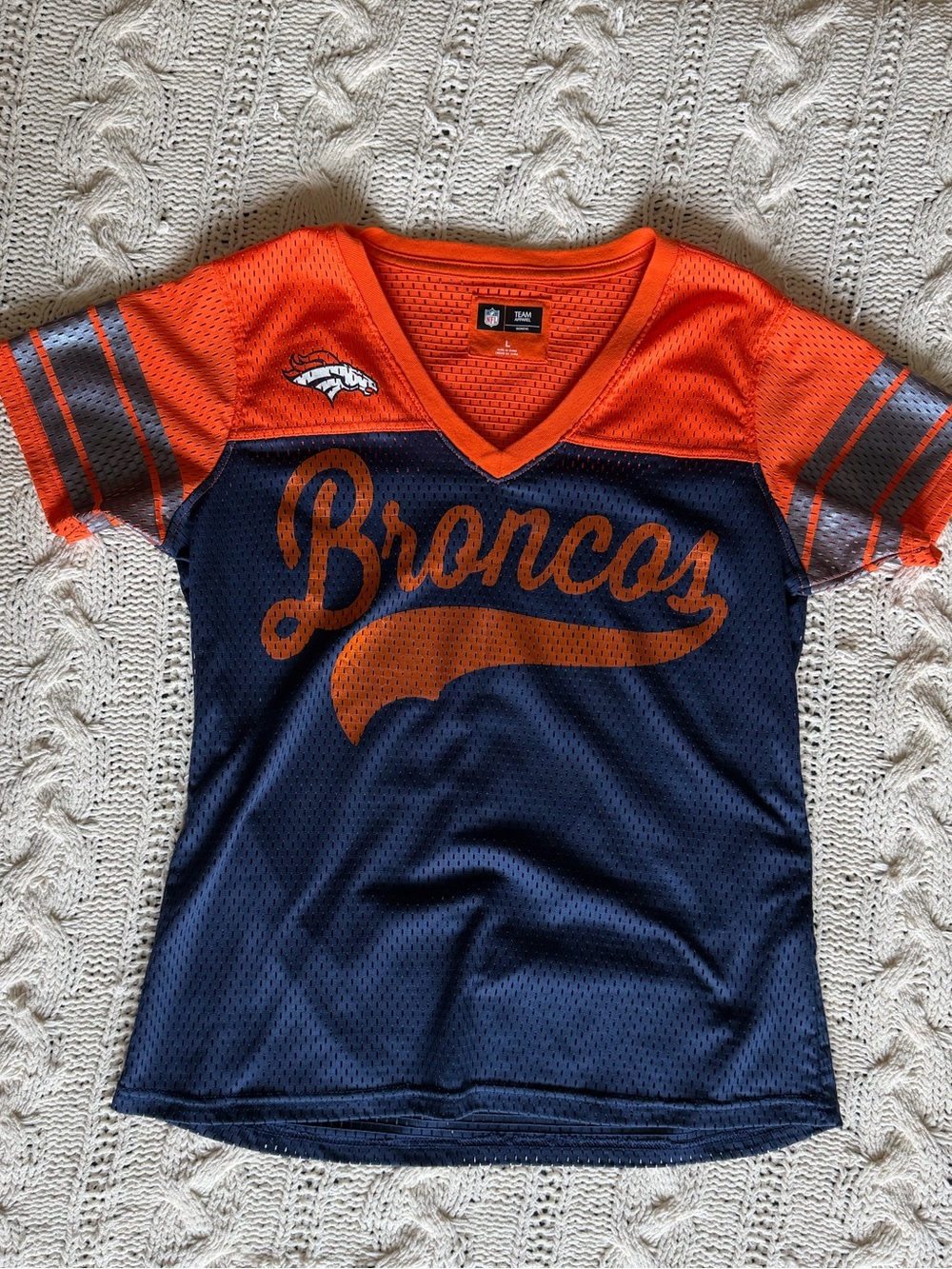 Orange and Blue Denver Broncos Women’s Mesh Jersey Football Style Top Large